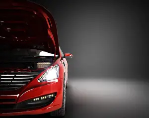 Benz Prints: open hood of a car with view of the engine 3d render