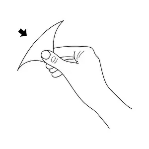 Indicating Prints: Open here line icon. A hand removing a label from the product. Vector sticker