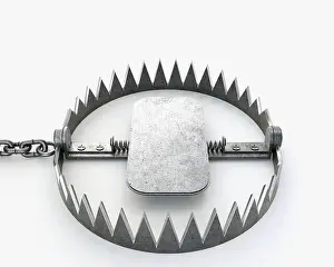 Scratched Prints: An open metal animal hunting trap attached to the ground with a metal chain on an isolated studio background - 3D