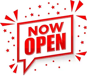 Notification Prints: Now open notice sign. Opening celebration. Vector on transparent background