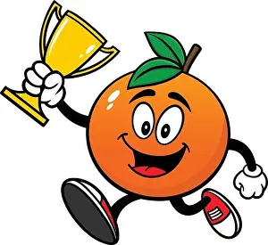 Orange Juice Prints: Orange Running with Trophy- A Cartoon Illustration of an Orange Running with a Trophy