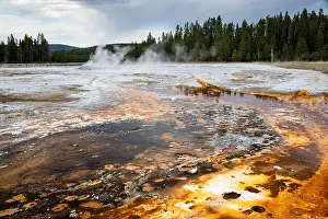 Yellowstone National Park Prints: Orange thermophiles lining the water running off from Daisy Geyser in the Upper Geyser Basin
