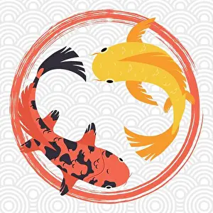 Yang Prints: orange and yellow koi fishes in circles