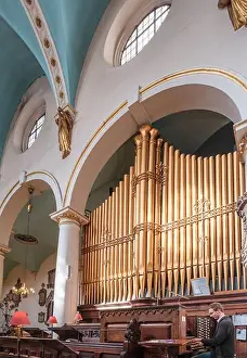 Gothic Revival Prints: Organist playing the grand pipe organ inside St Michael Cornhill Church