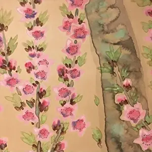 Watercolor Flowers Prints: Oriental floral watercolor design on a textured background