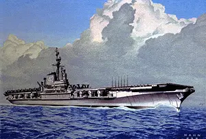 Original artwork by Hahn, USN - Water level starboard bow view of the attack aircraft carrier USS FRANKLIN D
