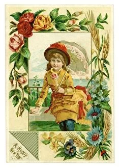 Kitsch Collection: Original charming attractive Victorian New Years greetings card of a pretty young girl wearing a