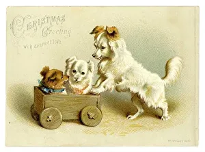 Original, charming Victorian greetings card of cute terrier dog pushing two puppies in a toy wooden truck or cart