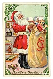 Kitsch Collection: Original Edwardian era Christmas postcard of Santa with sack of toys