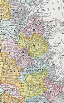 French Alps Prints: Original old map of French Alps from 1884 geography textbook