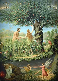 Temptation Prints: Original Sin, Adam and Eve in the Garden of Eden late c19th Chromolithography