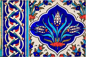 Sultanahmet Prints: Ornate blue and red handmade Turkish Iznik mosaic tiles with floral Islamic patterns in a traditional Ottoman style