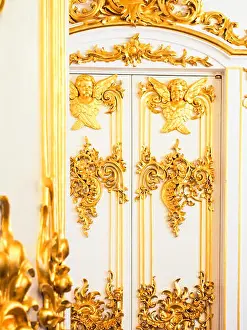 Gilded Prints: An ornate door decorated with intricate gold decor