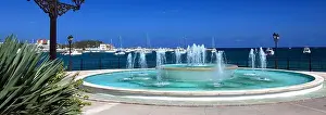 An ornate water fountain on the promenade at Santa Eulalia resort, Ibiza Island, Balearic Isles, Spain, Europe