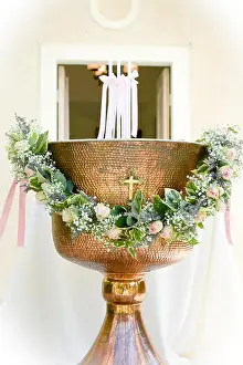 Baptism Prints: Orthodox Baptism Bowl prepared for christening ceremony in greek church. White vignette