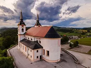 Orthodox Church of Saint Mohorja in Fortunata in Zuzumberk ( Seisenberk ) Slovenia. Drone View