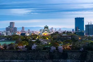 Umeda Prints: Osaka castle with cherry blossom and business district in background at Osaka, Japan