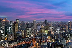 Osaka Prints: Osaka downtown city skyline at the landmark Umeda District in Osaka, Japan