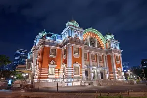 Osaka, Japan from Nakanoshima with Osaka Central Public Hall at night