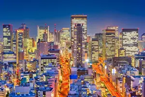 Ward Prints: Osaka, Japan nighttime cityscape over the Honmachi district