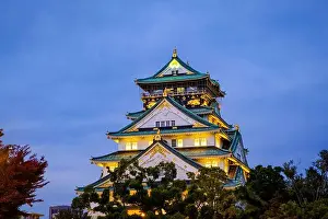 Kinki Prints: Osaka, Japan - November 10, 2019 : View of Osaka Castle Lit Up at Night