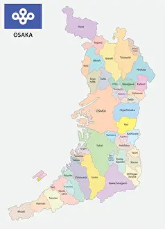 Ward Prints: osaka prefecture administrative and political map with flag