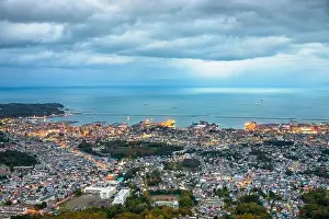 Otaru, Hokkaido, Japan town cityscape over Ishikari Bay at dusk