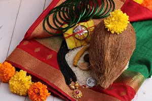 Saree Prints: oti bharne- Indian ritual of offering a sari and a blouse piece along with coconut