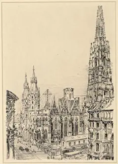 Otto Prints: Otto Ernegg The St. Stephen's Cathedral in Building 1946. ink 1946, 1946