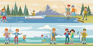 Bait Prints: Outdoor activity horizontal banners with people fishing on lake