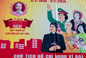 Saigon Prints: Outdoor billboard with political communist propaganda, Ho CHi Minh