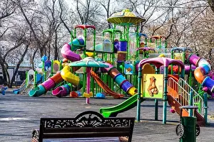 Outdoor colorful playground fun for children in Bucharest, Romania, 2021