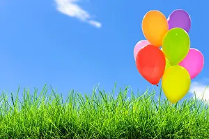 Outdoor party decoration concept - mix of colorful balloons on a green grass field
