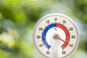Thermometer Prints: Outdoor thermometer with celsius scale shows hot temperature 40 degree - hot summer weather concept