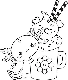 Heartwarming Prints: Outline Axolotl Hugging Mug Sweet Dessert with whipped cream