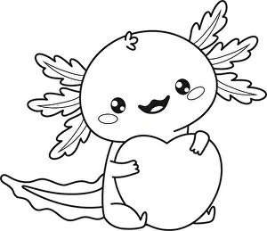 Childish Prints: Outline Cute Romantic Axolotl hugs big heart valentine