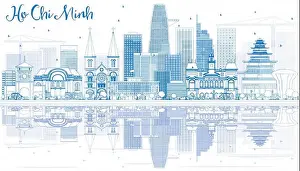 Saigon Prints: Outline Ho Chi Minh Skyline with Blue Buildings and Reflections