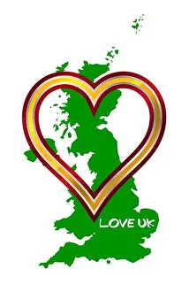 Brexit Prints: Outline map of the United Kingdom with love heart and love UK text