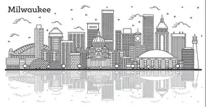 Milwaukee Prints: Outline Milwaukee Wisconsin City Skyline with Reflections and Modern Buildings Isolated on White