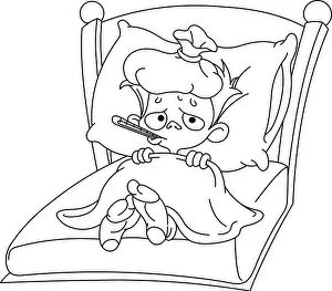 Thermometer Prints: Outlined sick kid lying in bed. Vector illustration coloring page