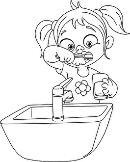 Toothbrush Prints: Outlined young girl brushing her teeth. Vector illustration coloring page