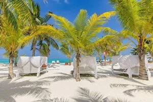 Images Dated 13th August 2022: Outside lounging scenic, canopy and chairs relax vacation beach bar blue paradise sky sea