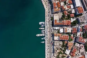 Cephalonia Prints: Overhead aerial drone shot of Argostolion bund street in summer afternoon in Kefalonia island