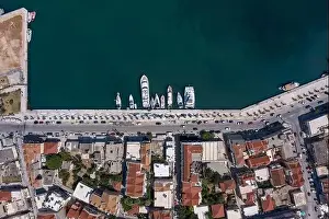 Cephalonia Prints: Overhead aerial drone shot of Argostolion bund street in summer afternoon in Kefalonia island