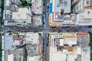 Gods View Prints: Overhead aerial drone shot of Athens street parked with cars near Lycabettus Hill in sunny summer