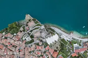 Lake Garda Prints: Overhead aerial drone shot view of village Malcesine coastline by lake garda