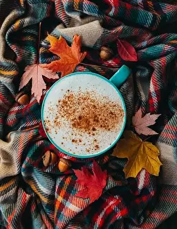 Overhead of pumpkin spice latte on plaid fall scarf with leaves