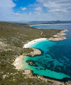 Overhead three quarter view of Waterfall Beach next to the more famous Little Beach in Western Australia