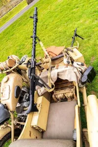 1940 Prints: Overhead view of second world war vintage German side car with mounted MG34 machine gun