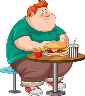 Obese Prints: Overweight man eating fast food on the table isolated illustration